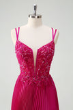 Fucsia guaina Spaghetti Straps pieghettato corsetto lungo Prom Dress con applicazioni