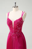 Fucsia guaina Spaghetti Straps pieghettato corsetto lungo Prom Dress con applicazioni