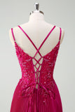 Fucsia guaina Spaghetti Straps pieghettato corsetto lungo Prom Dress con applicazioni