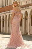 Abito da cerimonia lungo blush modello sirena con fiori 3D spalle scoperte spacco taglie forti