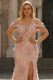 Abito da cerimonia lungo blush modello sirena con fiori 3D spalle scoperte spacco taglie forti