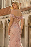 Abito da cerimonia lungo blush modello sirena con fiori 3D spalle scoperte spacco taglie forti