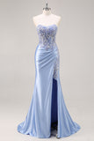 Scintillante blu sirena corsetto raso lungo abito da ballo con fessura