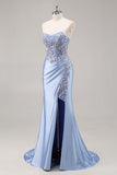 Abito da ballo con paillettes verde scuro a sirena senza spalline con fessura