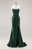 Abito da ballo con paillettes verde scuro a sirena senza spalline con fessura