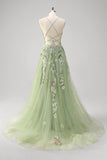 Verde A Line Tulle Paillettes Applique Corsetto Abito da cerimonia lungo con fessura