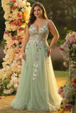 Abito da cerimonia lungo corsetto in tulle taglia grande applicato verde A con fessura
