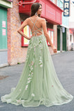 Verde A Line Tulle Paillettes Applique Corsetto Abito da cerimonia lungo con fessura