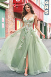 Verde A Line Tulle Paillettes Applique Corsetto Abito da cerimonia lungo con fessura