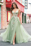 Verde A Line Tulle Paillettes Applique Corsetto Abito da cerimonia lungo con fessura