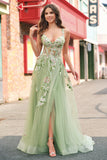 Verde A Line Tulle Paillettes Applique Corsetto Abito da cerimonia lungo con fessura