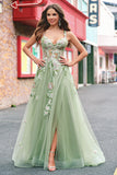 Verde A Line Tulle Paillettes Applique Corsetto Abito da cerimonia lungo con fessura