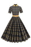 Nero Plaid A-Line Peter Pan Collare Midi 1950s Dress