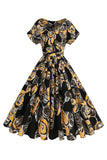 Black Rose stampato A-Line scollo a barca Midi 1950s Dress