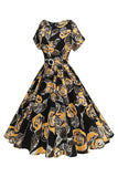 Black Rose stampato A-Line scollo a barca Midi 1950s Dress