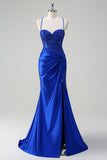 Royal Blue Mermaid Spaghetti Straps plissettato Appliqued Prom Dress