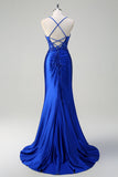 Royal Blue Mermaid Spaghetti Straps plissettato Appliqued Prom Dress