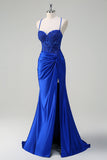 Royal Blue Mermaid Spaghetti Straps plissettato Appliqued Prom Dress