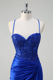 Royal Blue Mermaid Spaghetti Straps plissettato Appliqued Prom Dress