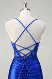 Royal Blue Mermaid Spaghetti Straps plissettato Appliqued Prom Dress