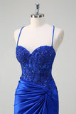 Royal Blue Mermaid Spaghetti Straps plissettato Appliqued Prom Dress