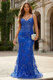 Abito da cerimonia lungo da ballo sirena in corsetto blu blu reale trasparente