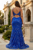Abito da cerimonia lungo da ballo sirena in corsetto blu blu reale trasparente