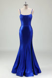 Royal Blue Mermaid Spaghetti Straps Corsetto Abito da cerimonia lungo in raso con fessura