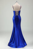 Royal Blue Mermaid Spaghetti Straps Corsetto Abito da cerimonia lungo in raso con fessura