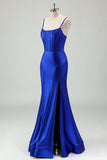 Royal Blue Mermaid Spaghetti Straps Corsetto Abito da cerimonia lungo in raso con fessura