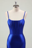 Royal Blue Mermaid Spaghetti Straps Corsetto Abito da cerimonia lungo in raso con fessura