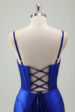 Royal Blue Mermaid Spaghetti Straps Corsetto Abito da cerimonia lungo in raso con fessura