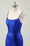 Royal Blue Mermaid Spaghetti Straps Corsetto Abito da cerimonia lungo in raso con fessura