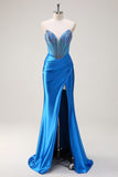 Blue Mermaid senza spalline corsetto in rilievo Abito da cerimonia con fessura