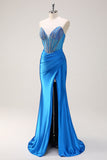 Blue Mermaid senza spalline corsetto in rilievo Abito da cerimonia con fessura