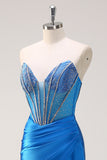 Blue Mermaid senza spalline corsetto in rilievo Abito da cerimonia con fessura