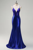 Royal Blue Mermaid V-Neck Beaded Satin Abito da cerimonia con schiena aperta