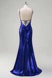 Royal Blue Mermaid V-Neck Beaded Satin Abito da cerimonia con schiena aperta