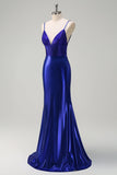 Royal Blue Mermaid V-Neck Beaded Satin Abito da cerimonia con schiena aperta