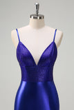 Royal Blue Mermaid V-Neck Beaded Satin Abito da cerimonia con schiena aperta