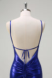 Royal Blue Mermaid V-Neck Beaded Satin Abito da cerimonia con schiena aperta