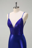 Royal Blue Mermaid V-Neck Beaded Satin Abito da cerimonia con schiena aperta