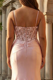 Corsetto a ossa trasparente in forma di sirena rosa spalline Corsetto abito da cerimonia lungo in raso plus size