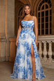 Corsetto a spalline con fiori bianchi blu e lungo vestito da cerimonia plus size con fessura