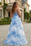 Corsetto a spalline con fiori bianchi blu e lungo vestito da cerimonia plus size con fessura