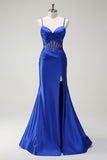 Royal Blue Mermaid Spaghetti Straps Corsetto in raso Abito lungo da ballo con fessura