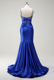 Royal Blue Mermaid Spaghetti Straps Corsetto in raso Abito lungo da ballo con fessura