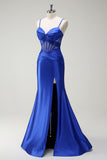 Royal Blue Mermaid Spaghetti Straps Corsetto in raso Abito lungo da ballo con fessura