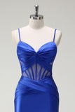 Royal Blue Mermaid Spaghetti Straps Corsetto in raso Abito lungo da ballo con fessura