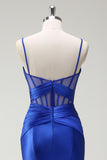 Royal Blue Mermaid Spaghetti Straps Corsetto in raso Abito lungo da ballo con fessura